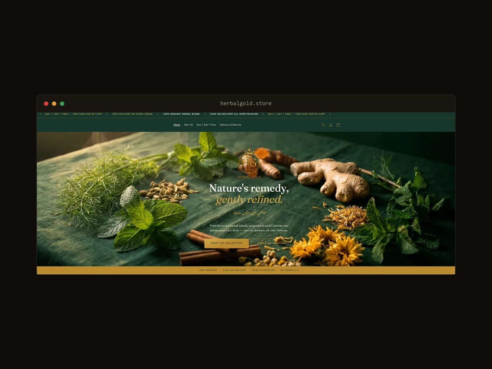 The Herbal Gold storefront in a browser window — headline reads 'Nature's remedy, gently refined' over a table of fresh herbs, with cash-on-delivery and WhatsApp order buttons.