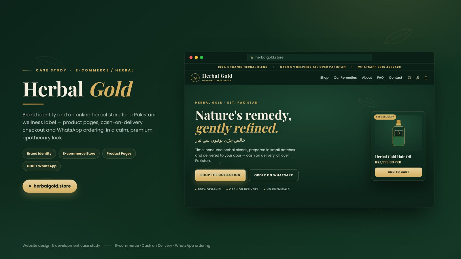 The Herbal Gold storefront in a browser window — headline reads 'Nature's remedy, gently refined' over a table of fresh herbs, with cash-on-delivery and WhatsApp order buttons.